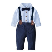 韩版秋季儿童西装礼服男童周岁竖条纹翻领开衫男宝宝花童背带套装