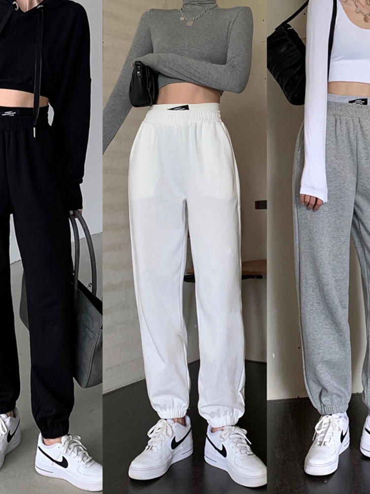 卫裤女春秋运动裤高腰宽松束脚裤2024新款长裤哈伦裤白色休闲裤子