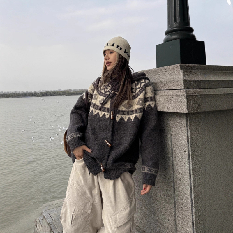 美式重磅费尔岛加厚连帽毛衣开衫外套男女秋冬新款针织上衣