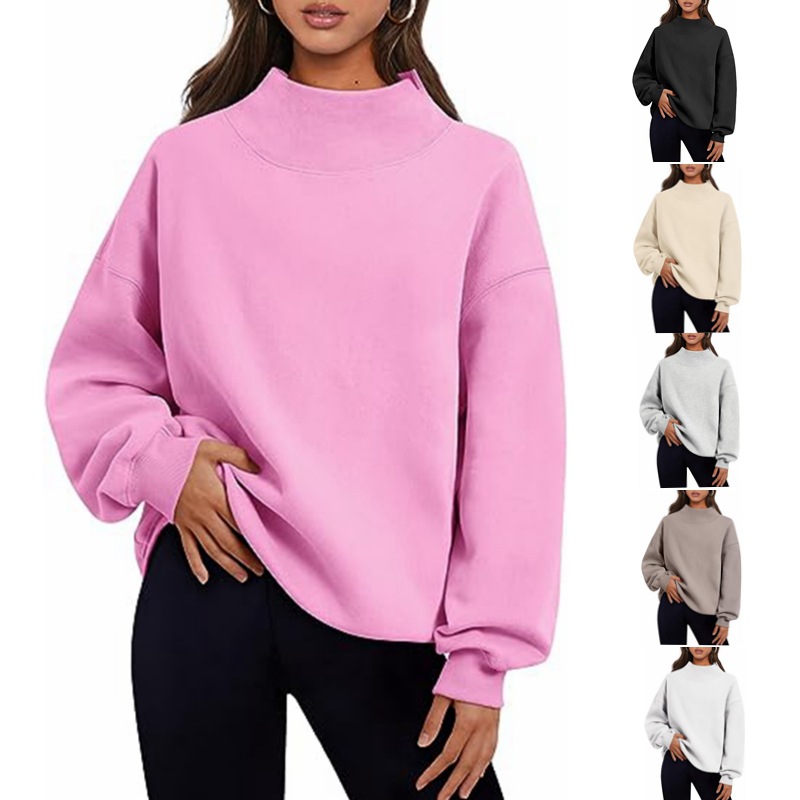 2023 european and american foreign trade cross-border women‘s clothing amazon hot neckline slit loose casual half turtleneck brushed hoody