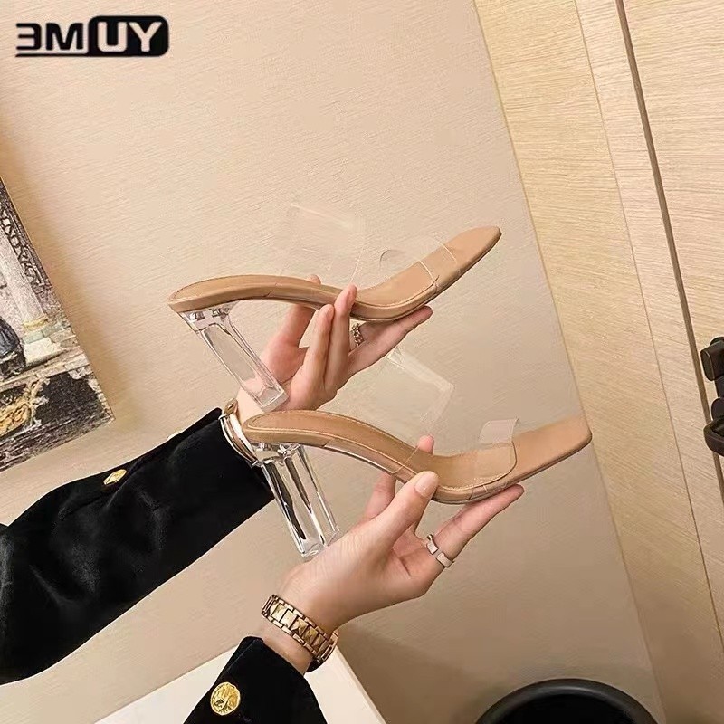 Summer 2023 New Transparent High Heels Sandals Women's Mid Heel Chunky Heel Crystal Fairy Style Sandals Women's Outer Wear