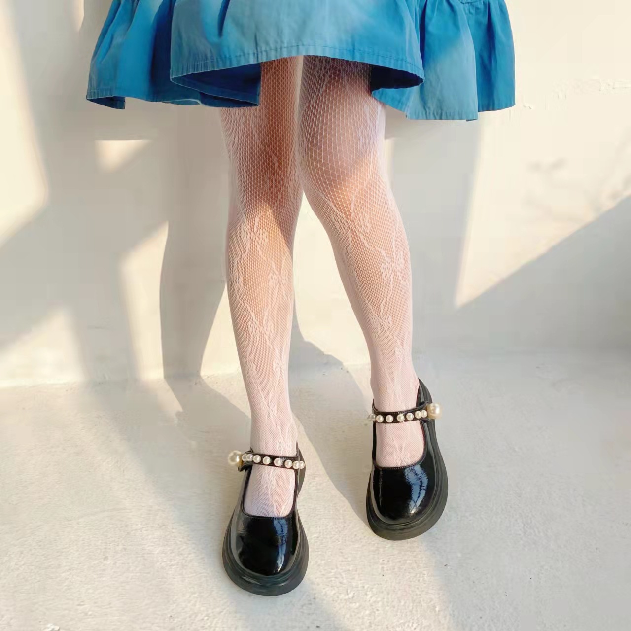 夏季女童连裤袜蝴蝶结渔网袜儿童打底裤袜白色公主镂空网眼防蚊袜