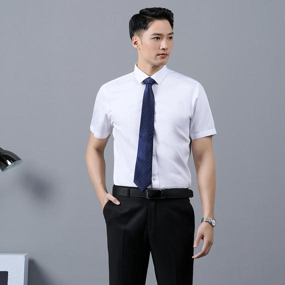 衬衫男士衬衫男女款纯棉短袖政府银行工作服蓝色条纹免烫衬衣厂家