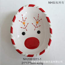 圣诞卡通雪人造型椭圆形陶瓷盘子 节日水果盘点心餐具盘 出口定制