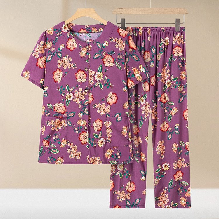奶奶夏装棉绸套装女中老年人短袖婆婆衣服妈妈睡衣老人太太居家服