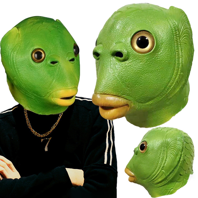 现货绿头鱼绿鱼人头套抖音同款鱼头怪搞怪面具 绿鱼面具 动物面具
