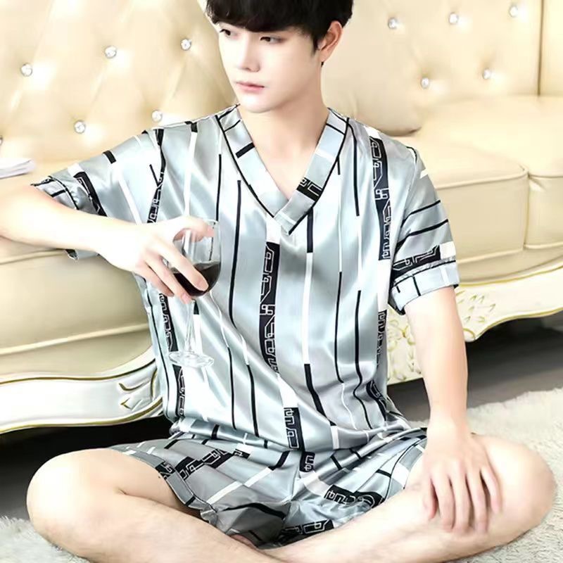 Pajamas Men's Summer Ice Silk Thin Short Sleeve Two-Piece Suit Korean Style Loose plus Size Men's Home Wear One Piece Dropshipping