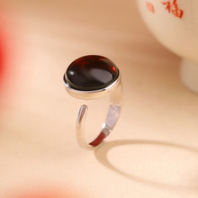 宝悦珠宝S925纯银血珀时尚简约设计感圆形戒指几何百搭复古银指环