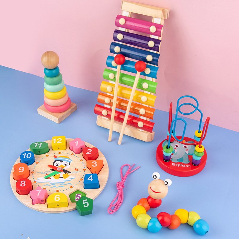 Wooden Educational Children's Toys Percussion Piano Bead-Stringing Toy Jigsaw Puzzle Tetris Fishing Building Blocks Wholesale Small Gifts