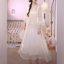 新中式国风套装裙女春季新款高级感刺绣盘扣长袖上衣半身裙两件套