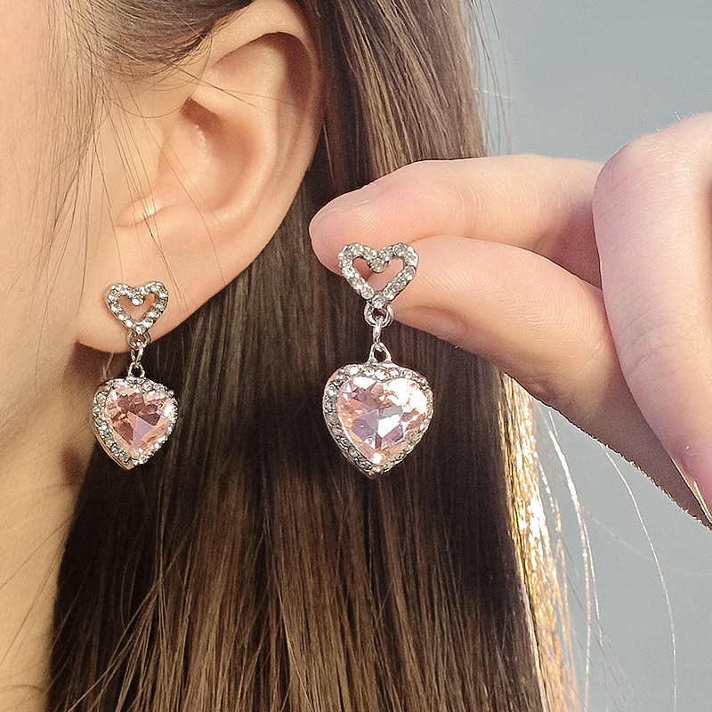 Pink Diamond Loving Heart Zircon Necklace Set Light Luxury Full Diamond Sweet Cool Hot Girl Style Clavicle Chain Earrings Ear Pins Set