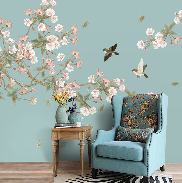 美式新中式手绘工笔花鸟海棠花背景墙电视客厅壁纸卧室壁画设计