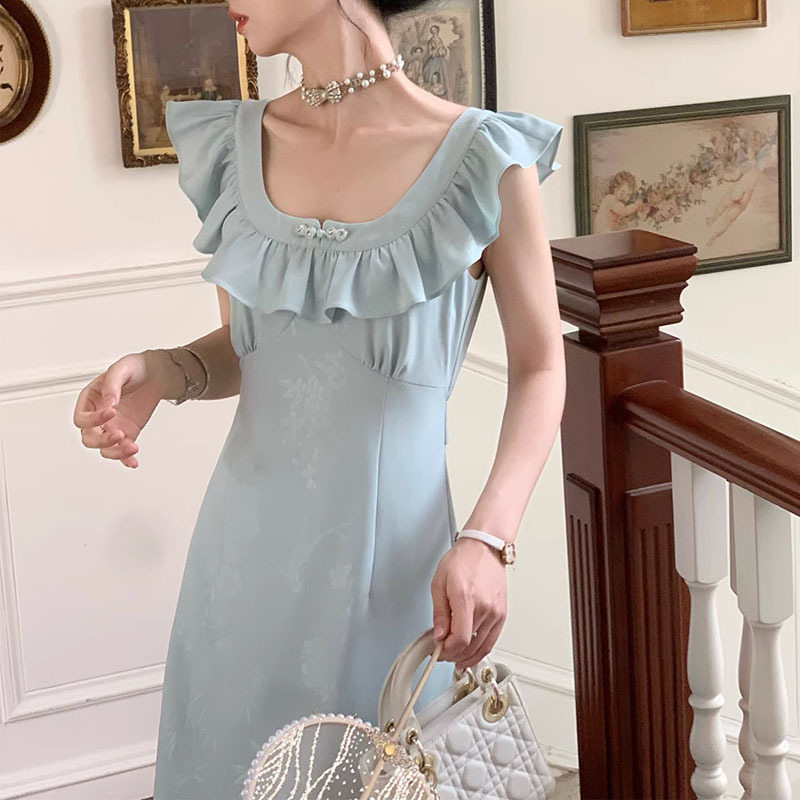 「海风情话」荷叶领法式提花连衣裙夏季小飞袖方领优雅气质中长裙
