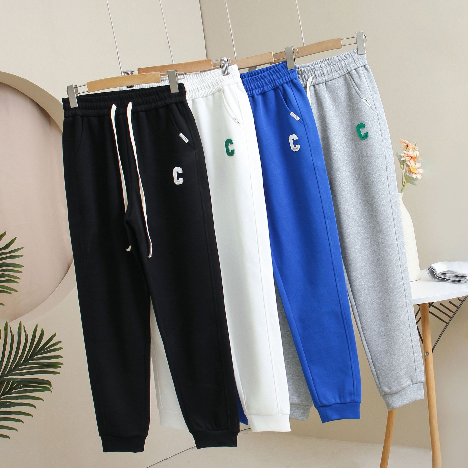 韩版时尚新款灰色卫裤创意字母刺绣休闲裤春秋季加厚保暖运动裤