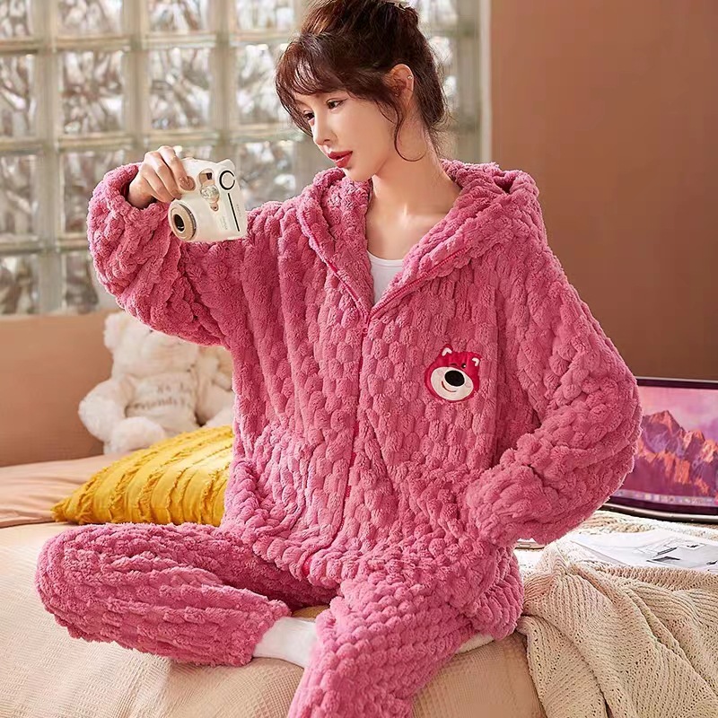 珊瑚绒睡衣女加厚加绒保暖法兰绒连帽拉链款可爱小熊家居服套装