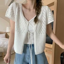 2025夏季法式日系甜美镂空花纹系带百搭V领短袖针织开衫上衣女
