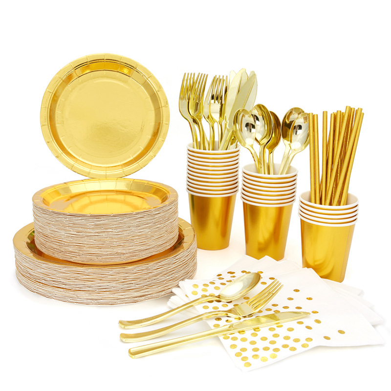 Gold Disposable Party Gathering Hotel Restaurant Western Food round Paper Pallet Paper Cup Knife, Fork and Spoon Tableware Set