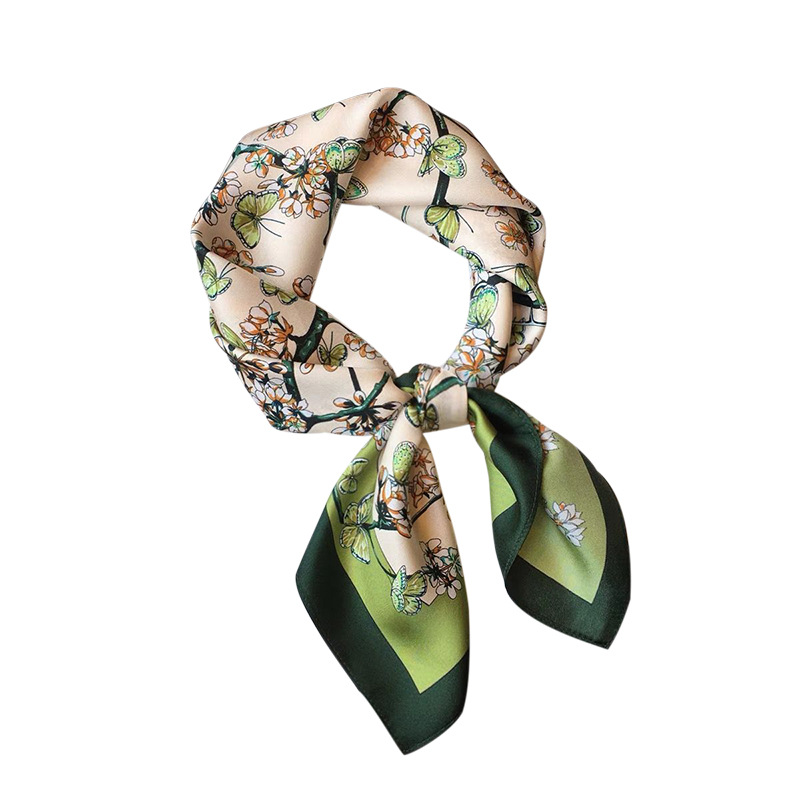 Korean Style Sweet Green Flowers Butterfly Emulation Silk Scarf Women's Spring and Summer All-Matching Graceful Scarf 70cm Square Scarf