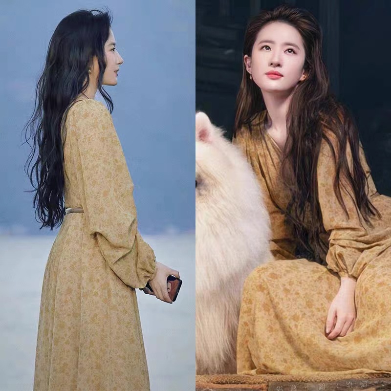 定染1:1新款刘亦菲明星同款春法式碎花复古温柔风长袖收腰连衣裙