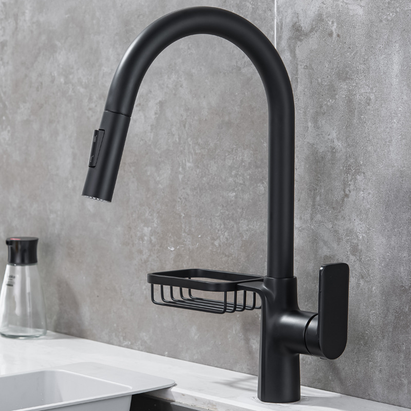 New Kitchen Faucet Splash-Proof Washed Kitchen Sink Black Sink Rotatable Hot and Cold Pull-out Faucet Copper Water Tap