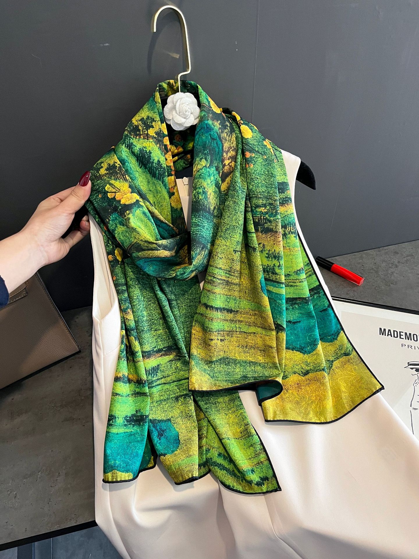 2023 Ancient Style Landscape Painting Style Silk Scarf Shawl Fragrant Cloud Yarn Scarf All-Match Wholesale Green Mother's Day Gift