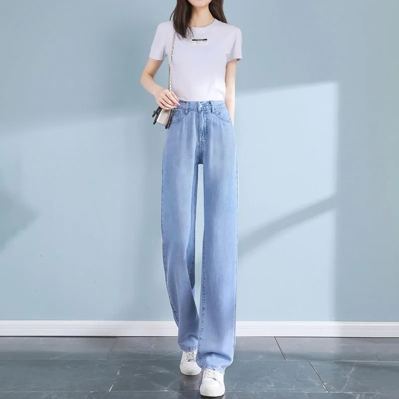 Tencel Soft Jeans Women's Spring/Summer Thin Large Size Plump Girls High Waist Slimming and Straight Drape Ice Silk Wide-Leg Pants