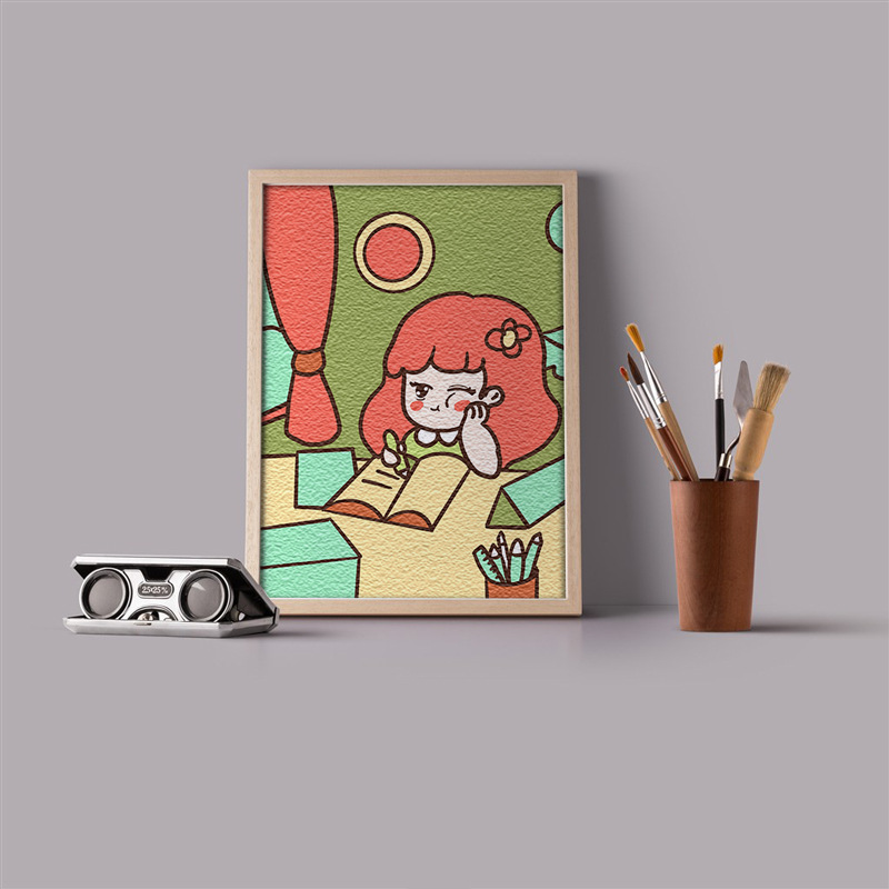 卡通女孩童心纸浆画手工制作填色数字画diy中国风装饰画解压