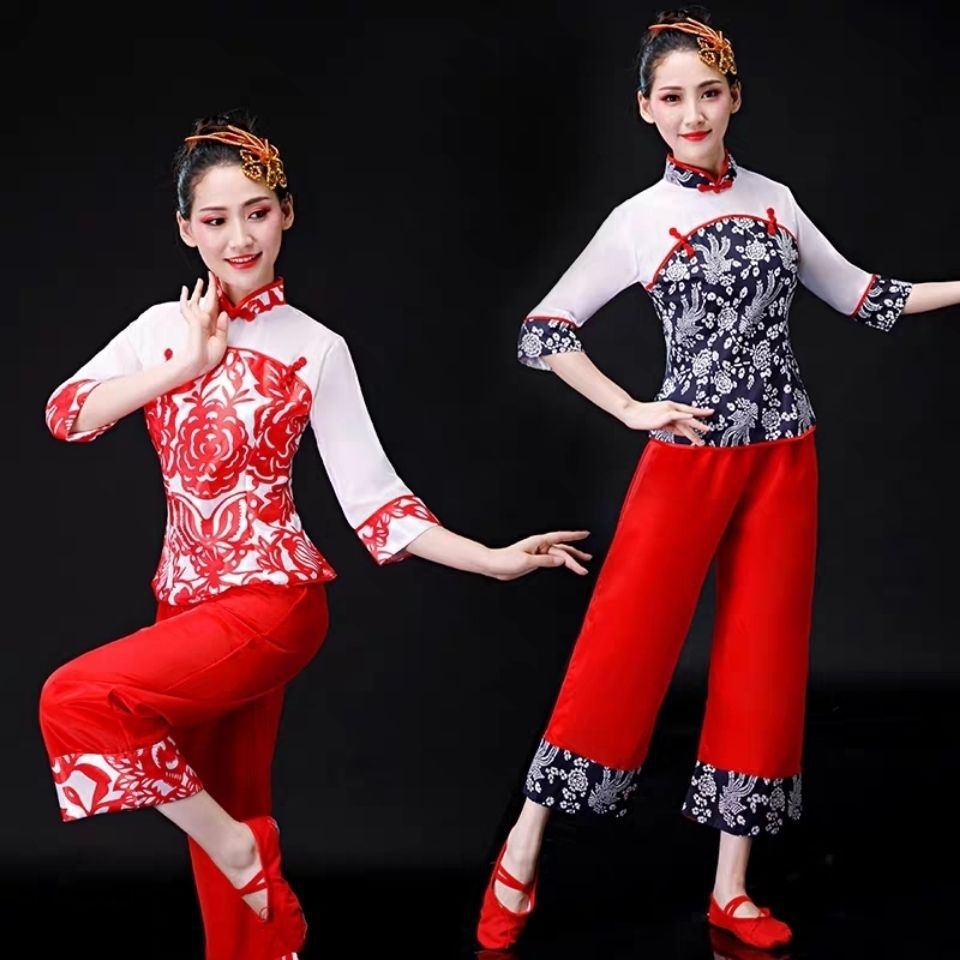 秧歌服演出服2022夏新款中老年民族风舞蹈村姑采茶服装女成人套装