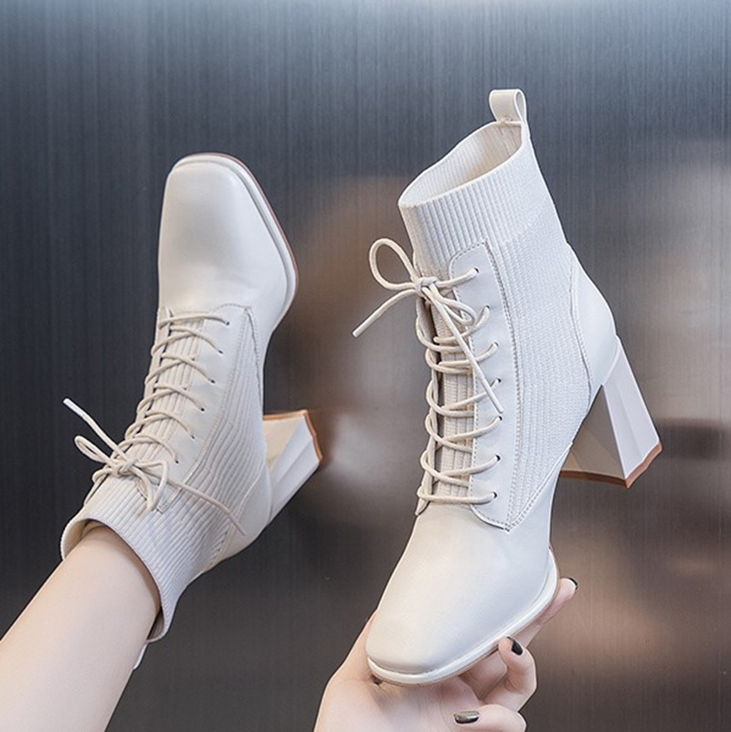 马丁靴女2021年春秋新款女鞋百搭粗跟短靴中跟系带高跟鞋白色单靴