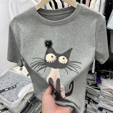 设计感卡通小猫图案印花短袖T恤女2024夏装新款洋气体恤衫上衣潮