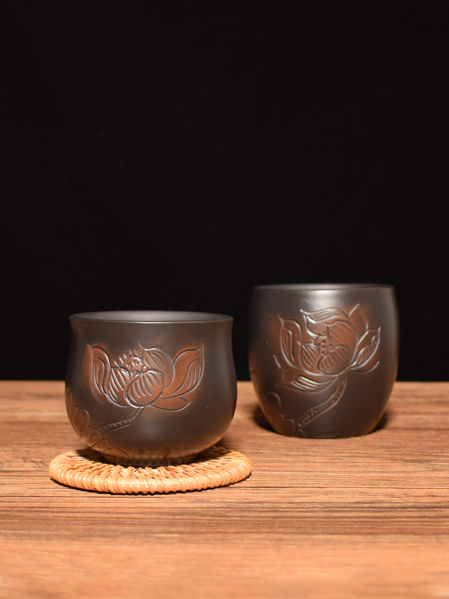 ke3c云南建水紫陶茶杯七分杯全手工浮雕主人品茗杯非陶瓷紫砂