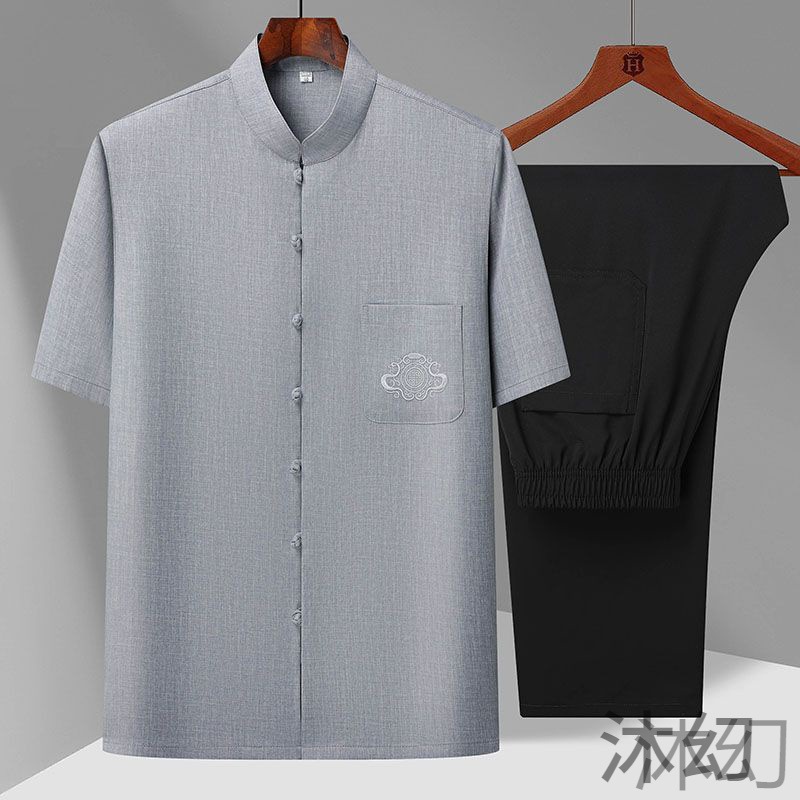 mh中国风唐装男士夏季短袖立领爸爸夏装中老年薄款休闲套装爷爷衣