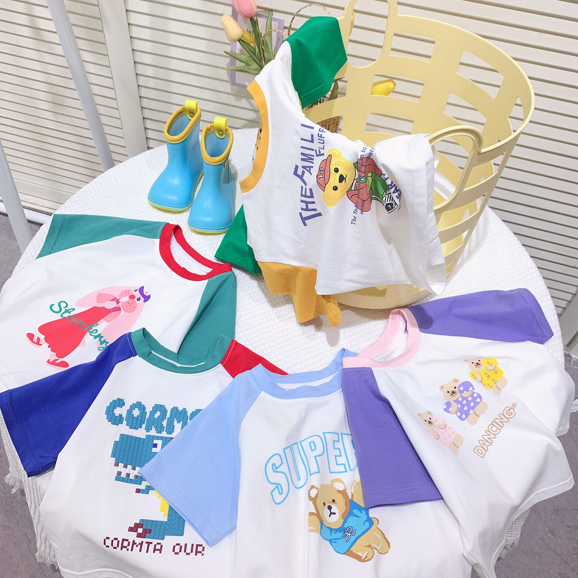 女童短袖夏插肩t恤卡通休闲印花吸汗透气纯棉儿童短袖t恤一件代发