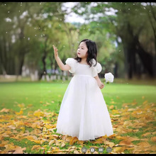 儿童礼服2024新款白色泡泡袖简约蓬蓬公主裙小女孩写真摄影礼服裙
