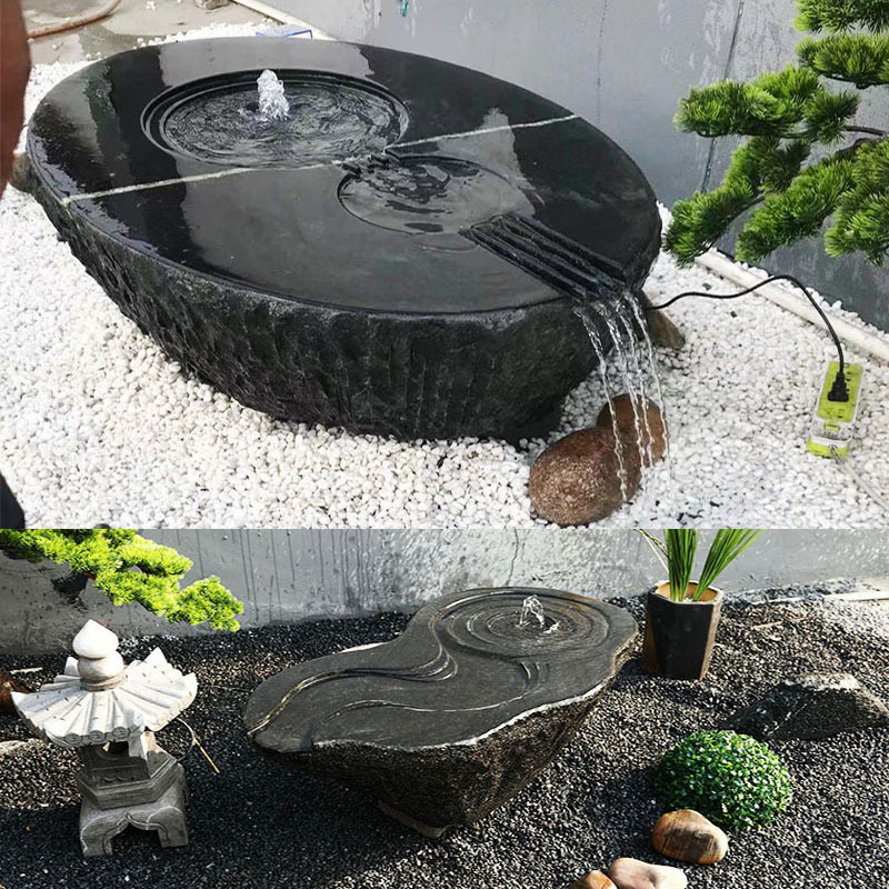 石雕水钵流水池花盆缸景观日式黑山石钵现代禅意庭院喷泉造景摆件