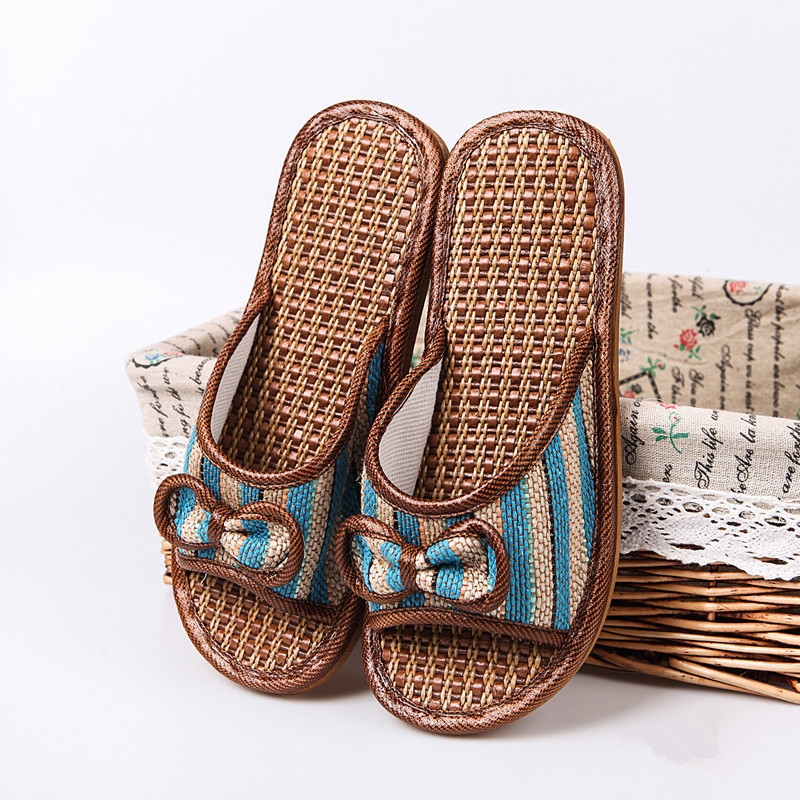 夏季竹编藤草情侣凉席拖鞋室内防滑底亚麻男家用女无声吹气底