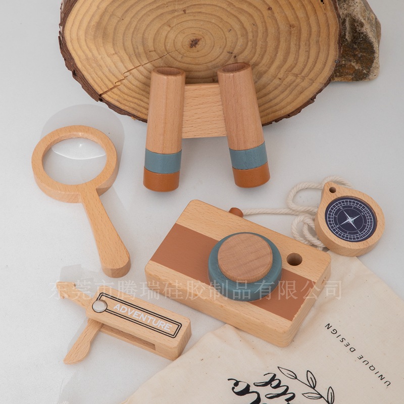 Children's Fun Outdoor Adventure Suit Wooden Telescope Compass Magnifier Camera Early Education Cognitive Toys