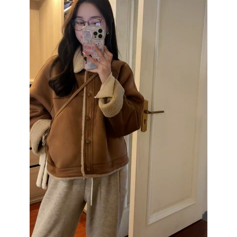 韩系机车服皮毛一体外套女羊羔毛短款春季2024新款加厚保暖小个子