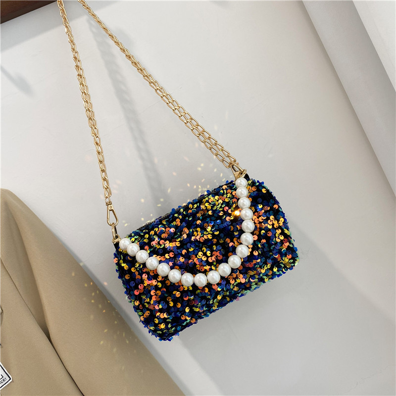 Sequin Bag Women's Summer 2021 New Fashion Pearl Chain Accessory Bag Gentle Small Square Bag Women's Messenger Bag