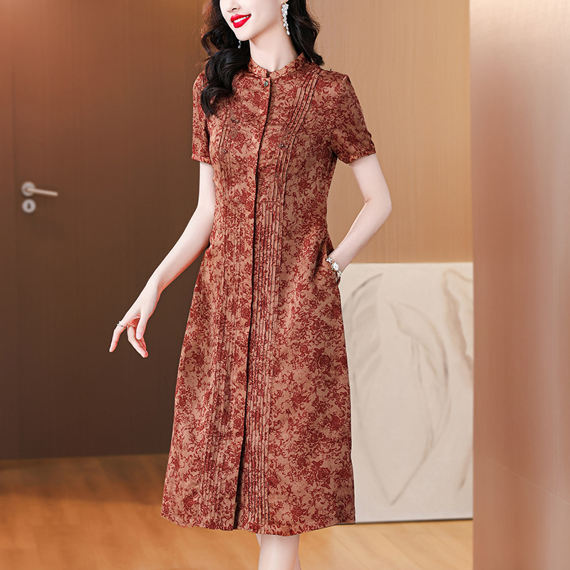 红色真丝花罗香云纱连衣裙女士新款品牌桑蚕丝中长裙气质年轻款