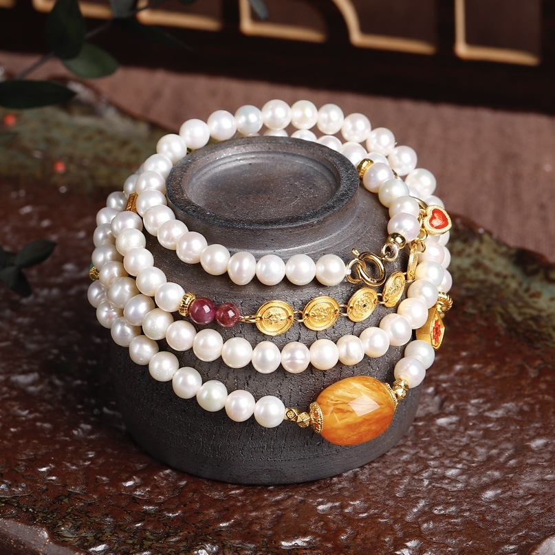 New Chinese Natural Freshwater Pearl Necklace Bracelet Dual-Use Beeswax Jade Duobao Autumn and Winter Long Sweater Chain