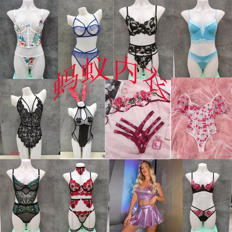 European and American Foreign Trade Sexy Underwear Suit Miscellaneous Lace One-Piece Split Embroidery Pajamas Leftover Stock Wholesale
