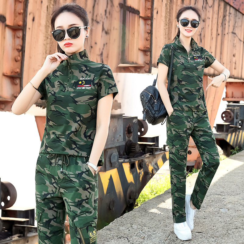 户外迷彩服套装女夏装翻领上衣休闲迷彩裤韩版松紧大码显瘦两件套