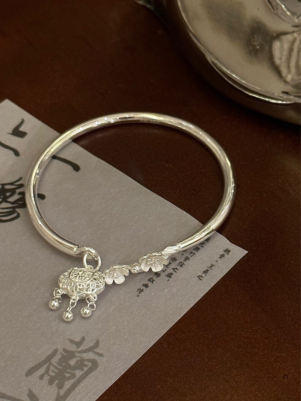 足银9999花丝平安锁桃花开口吊件实心纯银手镯民族风手工款银镯女