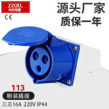 三孔明装插座 户外防水插座ZZ113 16A 220V 2P+E IP44工业插座