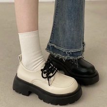粗跟厚底白色小皮鞋系带英伦风复古女韩版单鞋子2024年夏季新款潮