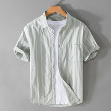 薄款感竖条纹短袖衬衫男夏季复古棉半袖衬衣白色上衣