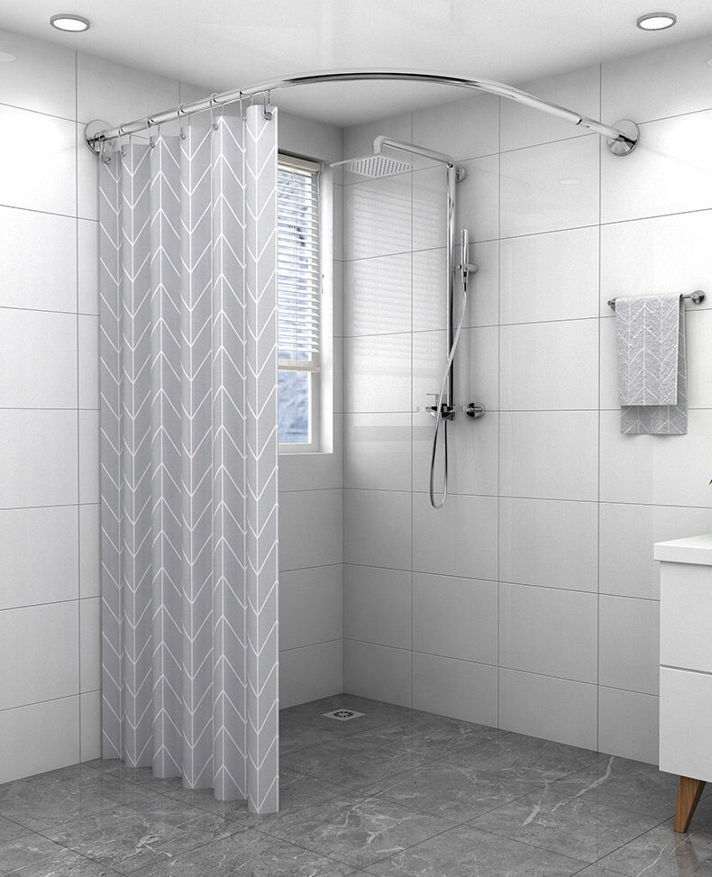 卫生间隔断帘子弧形浴帘杆套装免打孔l形伸缩杆防水浴帘布淋浴房