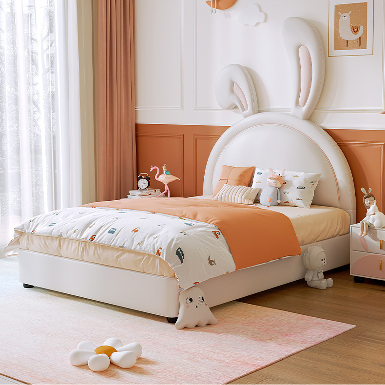 现代简约奶油风兔子真皮床北欧轻奢儿童床可爱女孩少女公主床