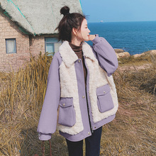羊羔毛拼接短外套女2022冬季新款韩版设计感小个子学院风百搭棉服